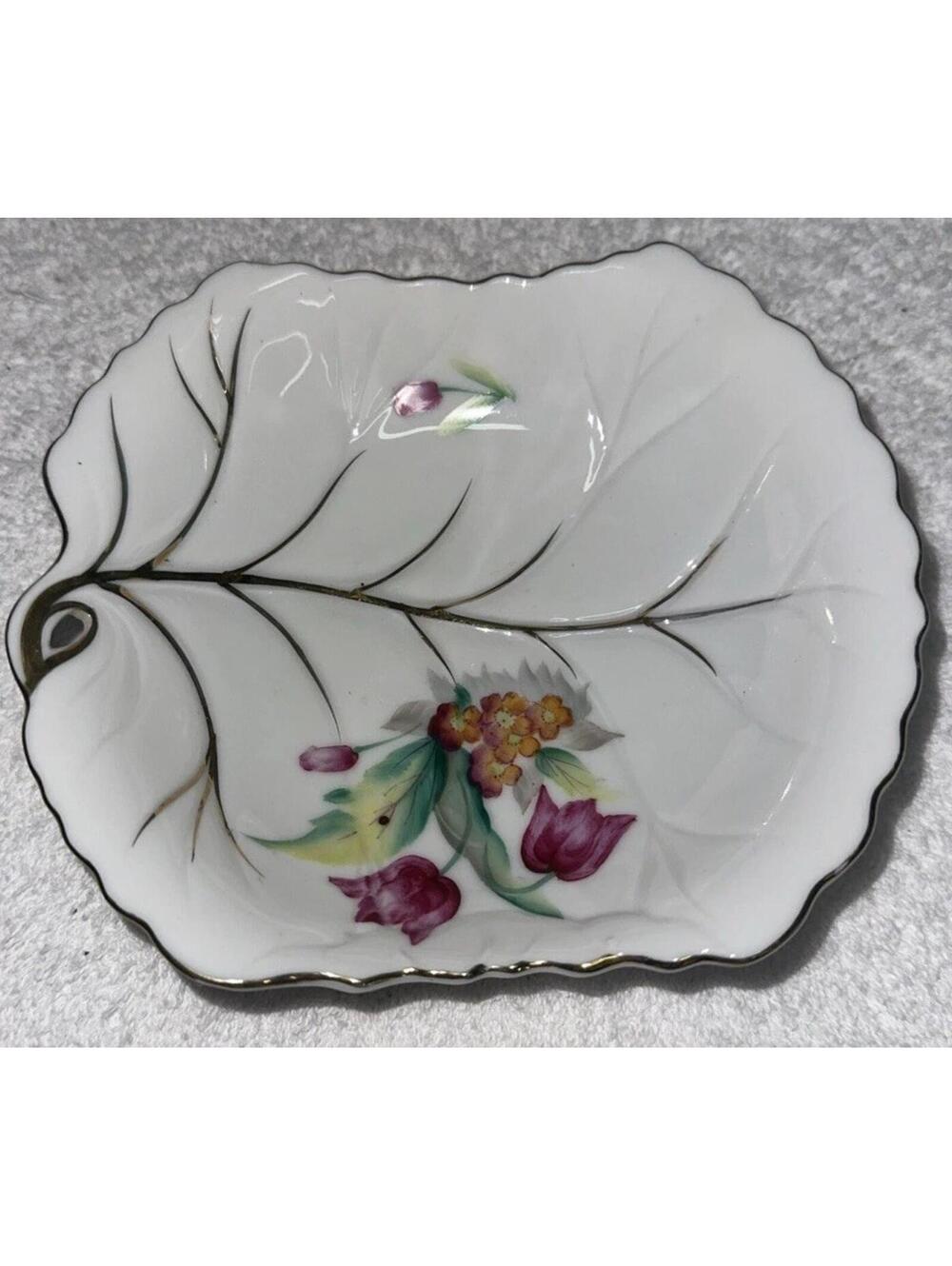Ucagco China Trinket Nut Dish Hand Painted Fruit Leaf Shape Gold Trim Vintage